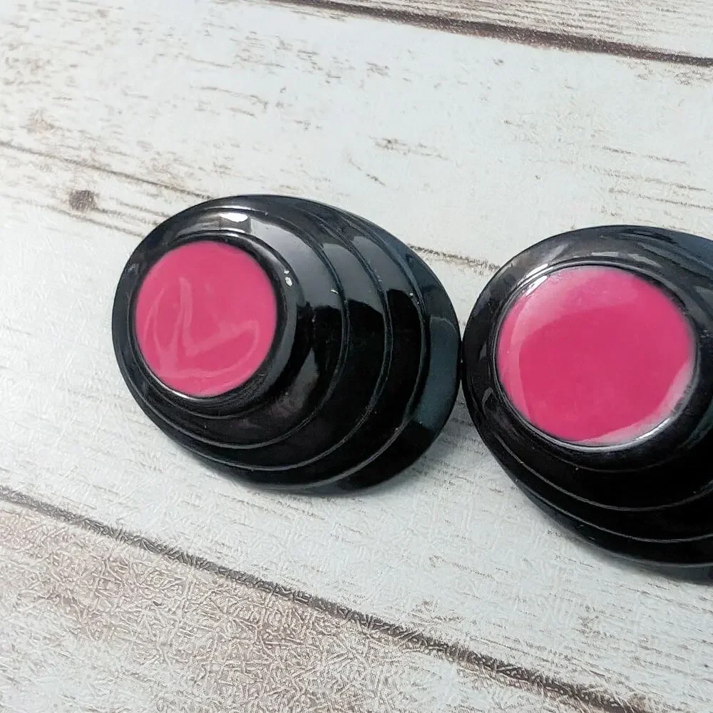 Vintage Clip On Earrings Dark Pink & Black Oval 1.25